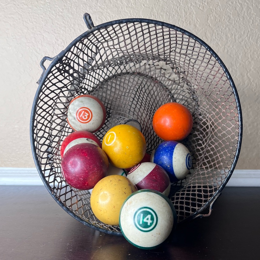 Vintage Repurposed Wire Fish Trap with Vintage Billiard Balls Found Object Decor